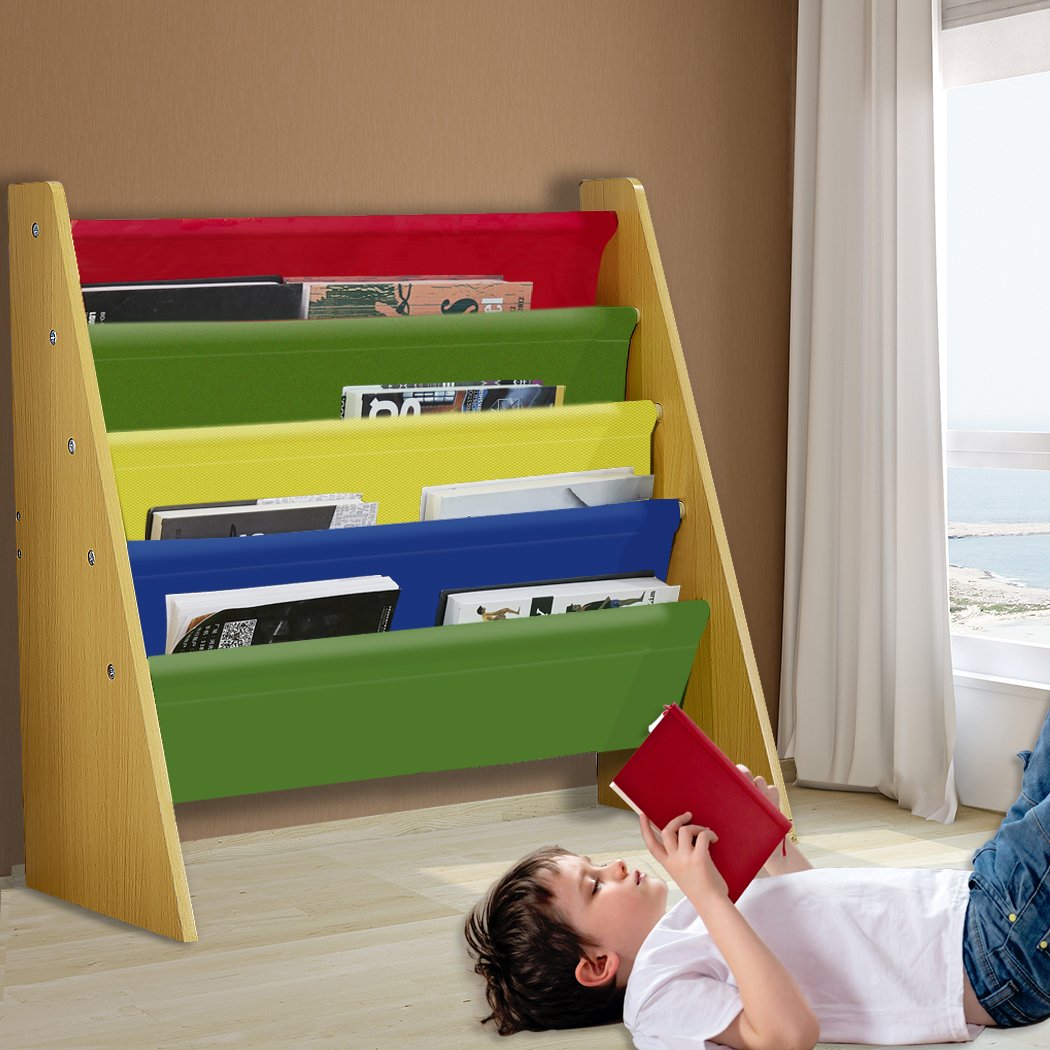Levede Wooden Kids Bookcase featuring colorful sling shelves for books and toys, designed for children's easy access and organization.